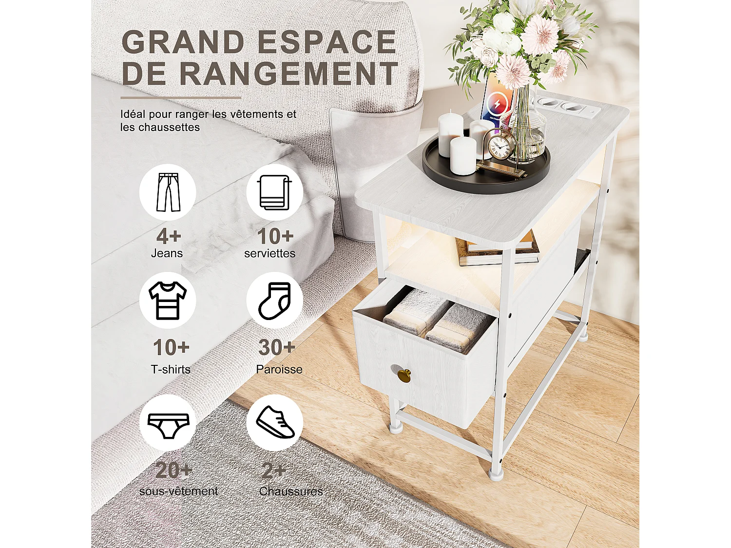 Commode étroite, table de chevet avec fonction de chargement et bande lumineuse, table d'appoint avec tiroirs, 30 x 60 x 62 cm,Blanc