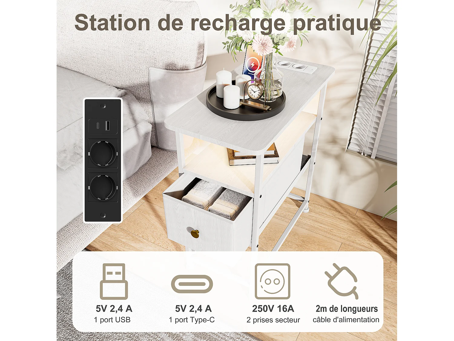 Commode étroite, table de chevet avec fonction de chargement et bande lumineuse, table d'appoint avec tiroirs, 30 x 60 x 62 cm,Blanc