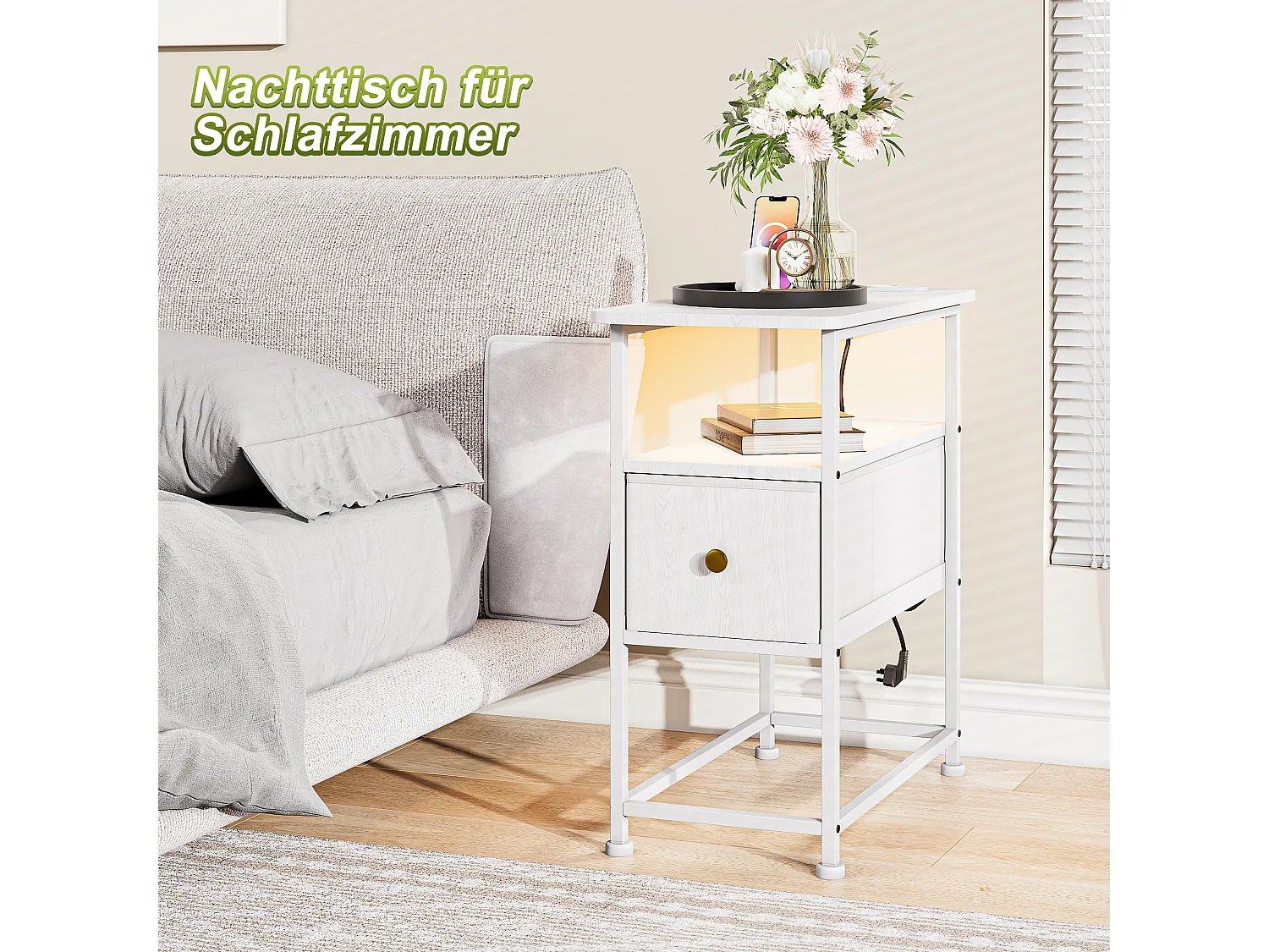 Commode étroite, table de chevet avec fonction de chargement et bande lumineuse, table d'appoint avec tiroirs, 30 x 60 x 62 cm,Blanc