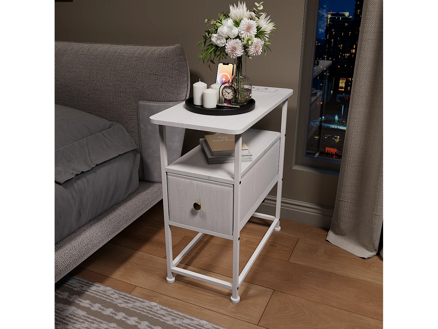 Smalle ladekast, nachtkastje met oplaadfunctie en ledstrip, bijzettafel met lades, 30 x 60 x 62 cm, wit