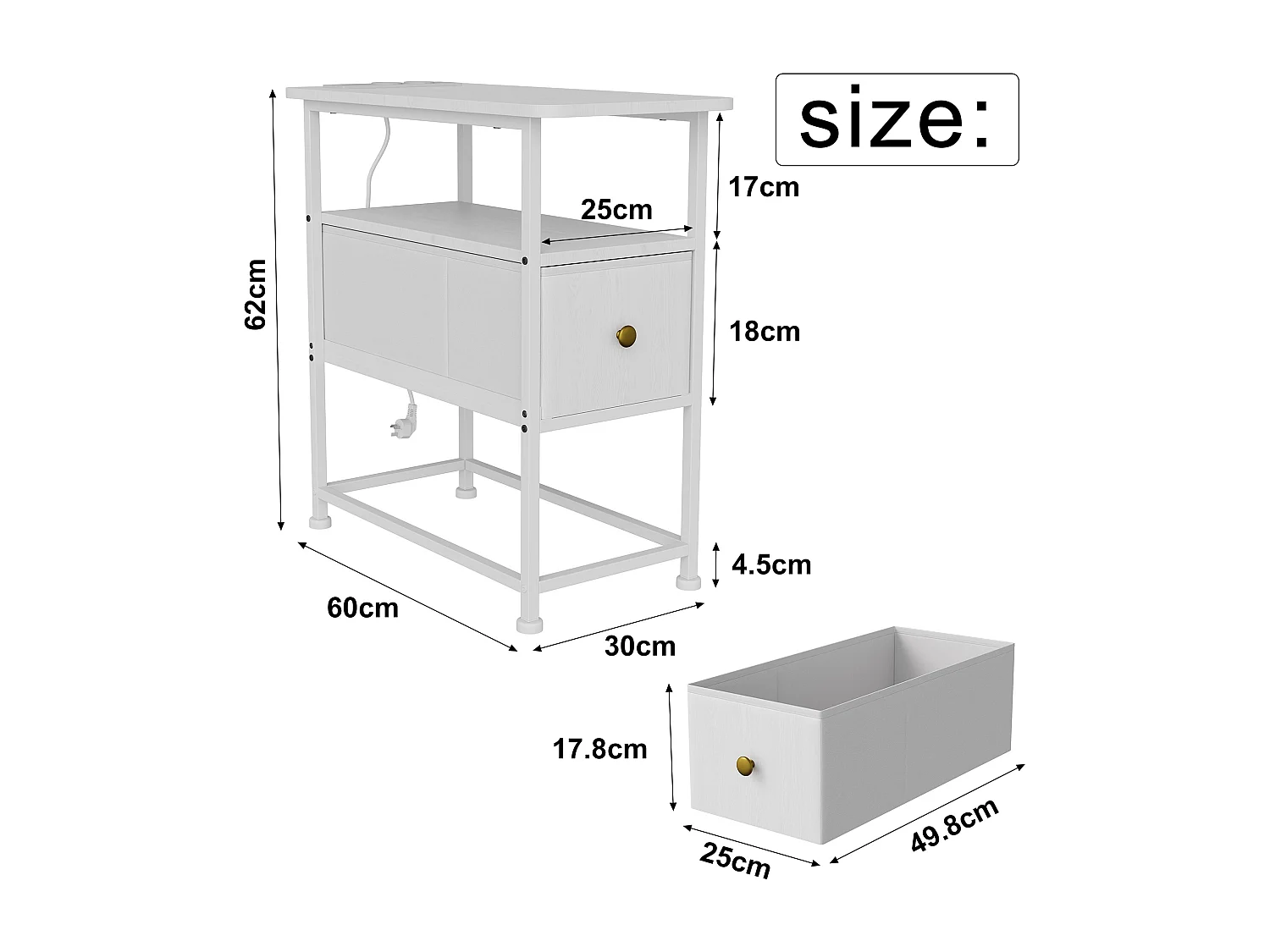 Smalle ladekast, nachtkastje met oplaadfunctie en ledstrip, bijzettafel met lades, 30 x 60 x 62 cm, wit