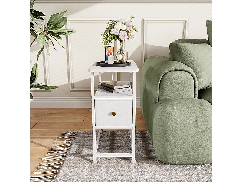 Commode étroite, table de chevet avec fonction de chargement et bande lumineuse, table d'appoint avec tiroirs, 30 x 60 x 62 cm,Blanc