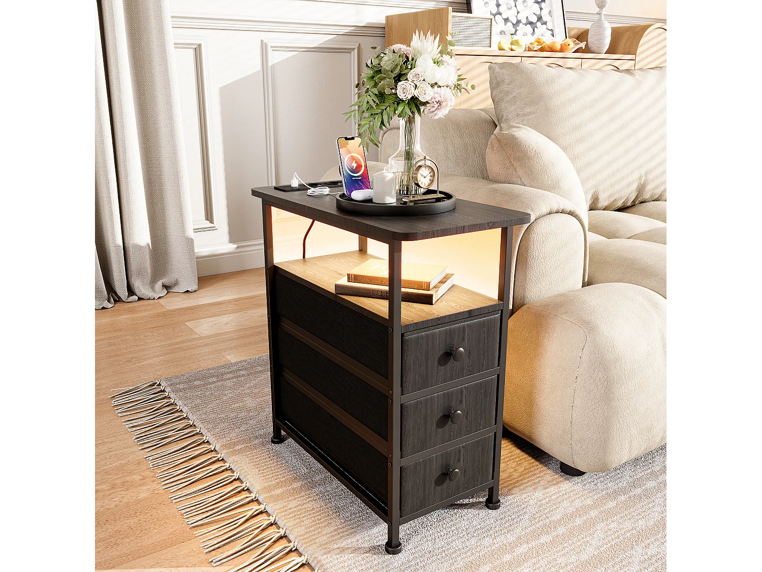 Commode étroite à 3 tiroirs, table de chevet avec fonction de chargement et bande lumineuse, table d'appoint avec tiroirs, 30 x 60 x 62 cm,Noir