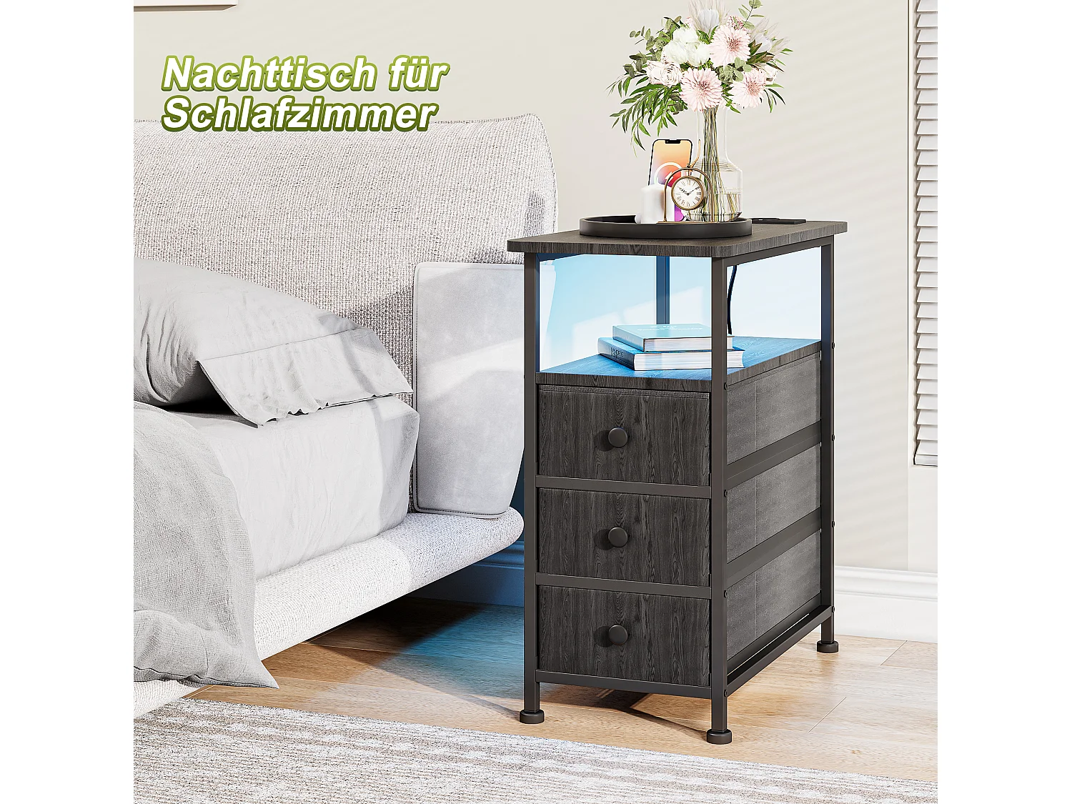 Commode étroite à 3 tiroirs, table de chevet avec fonction de chargement et bande lumineuse, table d'appoint avec tiroirs, 30 x 60 x 62 cm,Noir