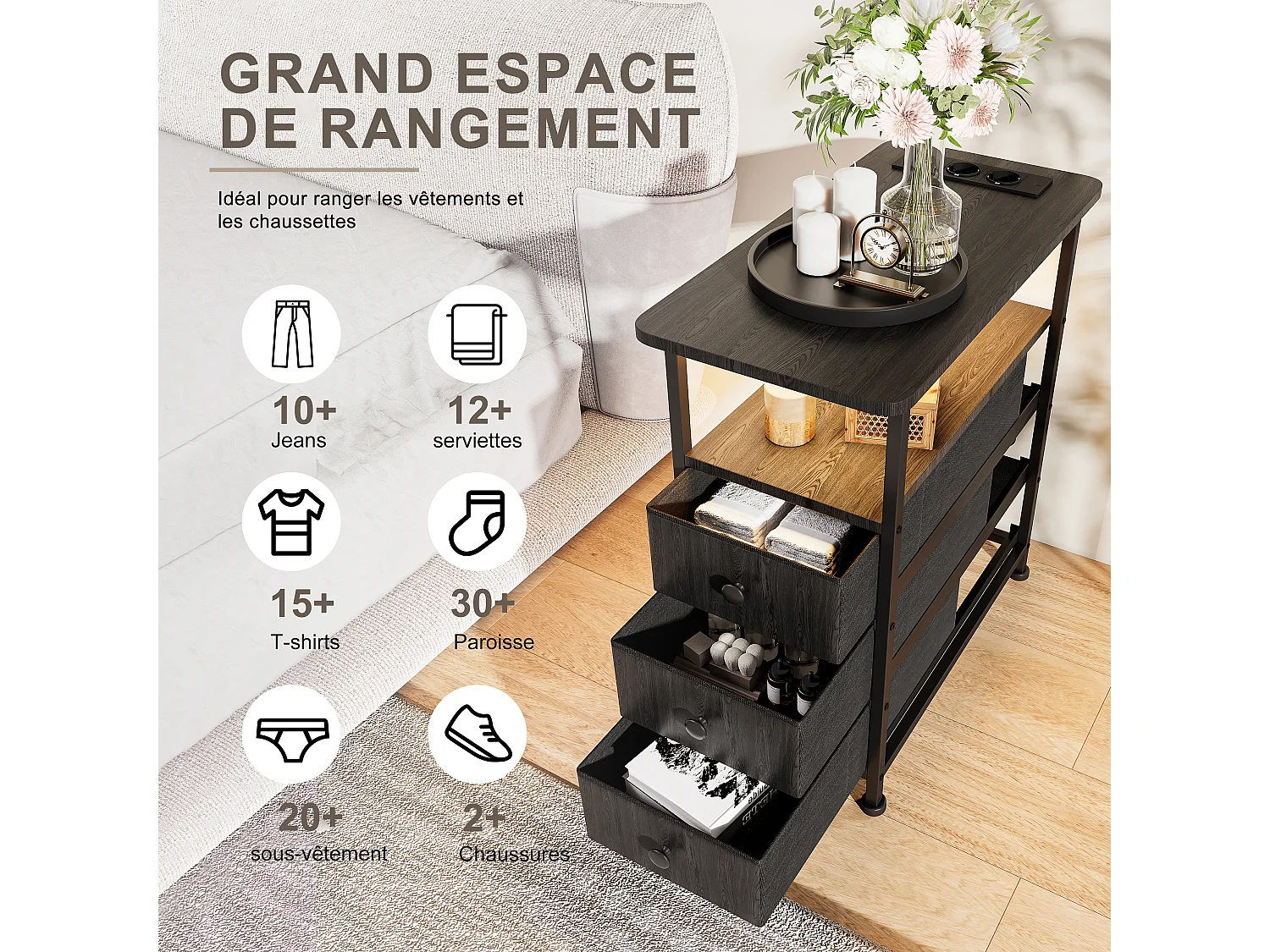 Commode étroite à 3 tiroirs, table de chevet avec fonction de chargement et bande lumineuse, table d'appoint avec tiroirs, 30 x 60 x 62 cm,Noir