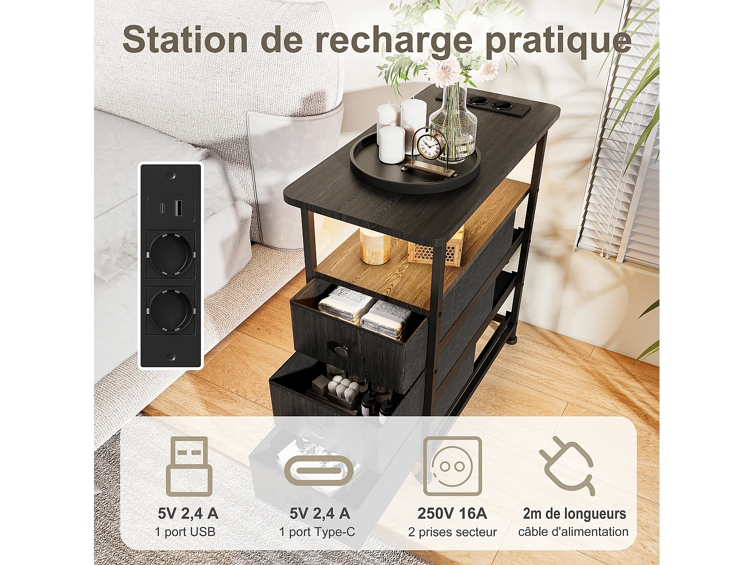 Commode étroite à 3 tiroirs, table de chevet avec fonction de chargement et bande lumineuse, table d'appoint avec tiroirs, 30 x 60 x 62 cm,Noir