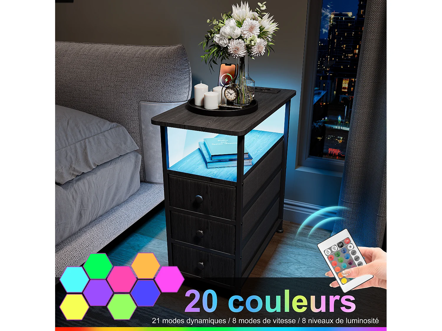 Commode étroite à 3 tiroirs, table de chevet avec fonction de chargement et bande lumineuse, table d'appoint avec tiroirs, 30 x 60 x 62 cm,Noir