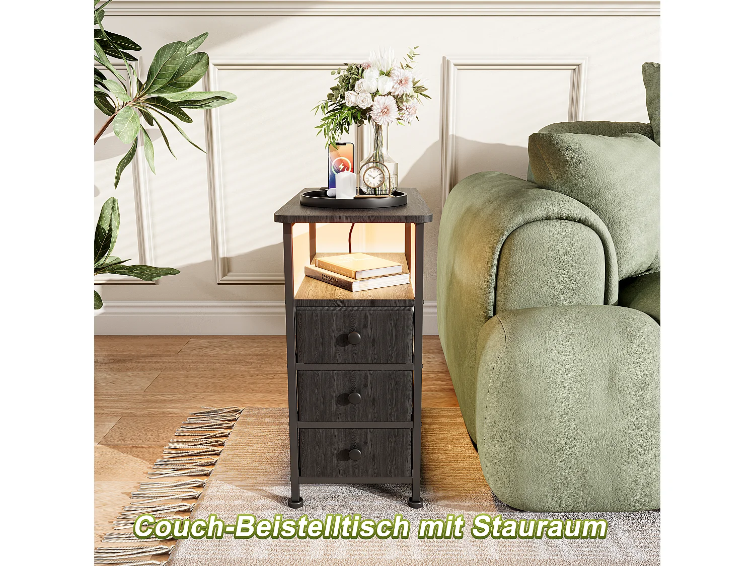 Commode étroite à 3 tiroirs, table de chevet avec fonction de chargement et bande lumineuse, table d'appoint avec tiroirs, 30 x 60 x 62 cm,Noir