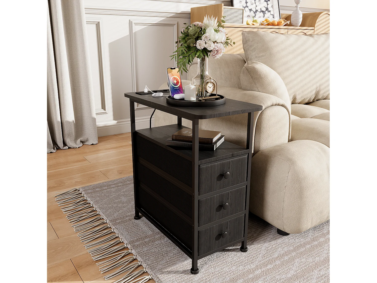 Commode étroite 3 tiroirs, table de chevet avec fonction de chargement et bande lumineuse, table d'appoint avec tiroirs, 30 x 60 x 62 cm,Noir