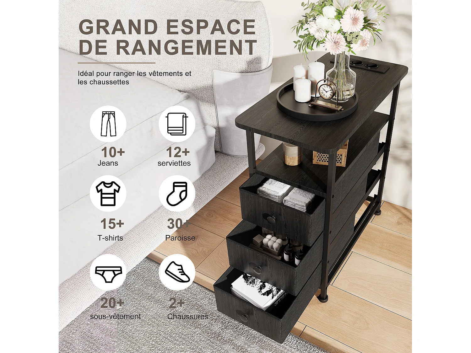 Commode étroite 3 tiroirs, table de chevet avec fonction de chargement et bande lumineuse, table d'appoint avec tiroirs, 30 x 60 x 62 cm,Noir