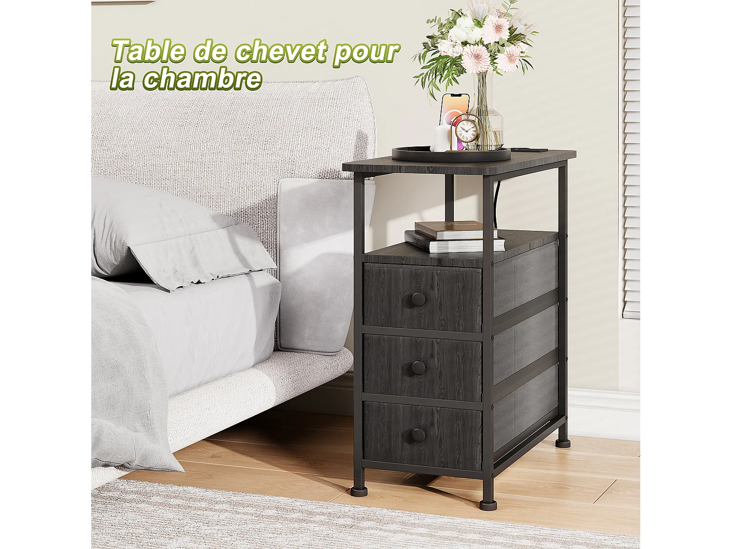 Commode étroite 3 tiroirs, table de chevet avec fonction de chargement et bande lumineuse, table d'appoint avec tiroirs, 30 x 60 x 62 cm,Noir