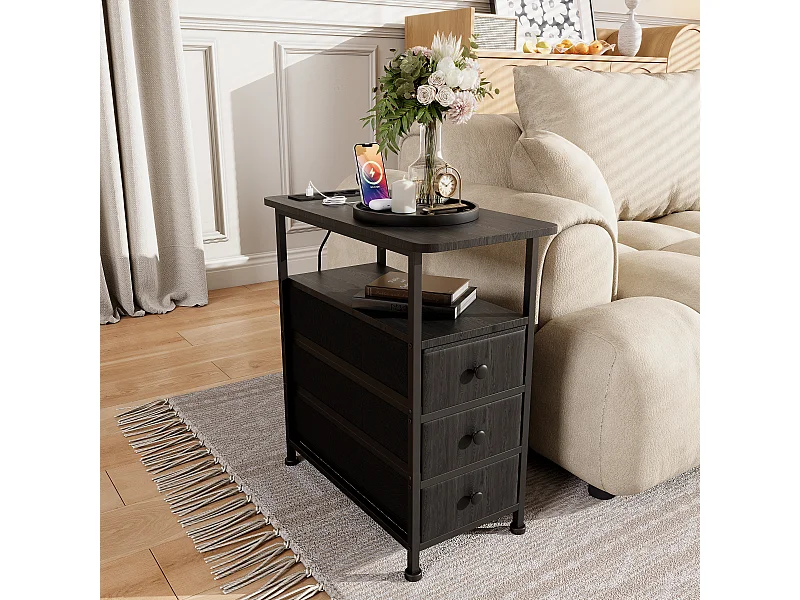 Commode étroite 3 tiroirs, table de chevet avec fonction de chargement et bande lumineuse, table d'appoint avec tiroirs, 30 x 60 x 62 cm,Noir