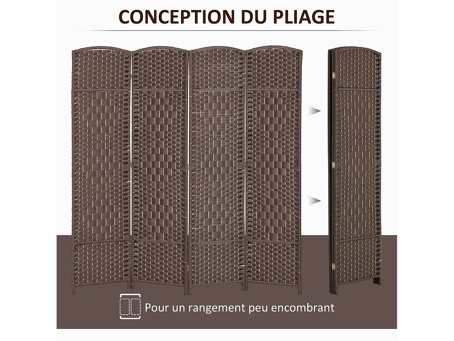 Paravent intérieur en bois 4 panneaux 180 x 180 cm séparateur de pièce pliable bois marron