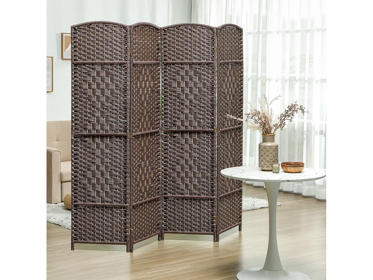 Paravent intérieur en bois 4 panneaux 180 x 180 cm séparateur de pièce pliable bois marron