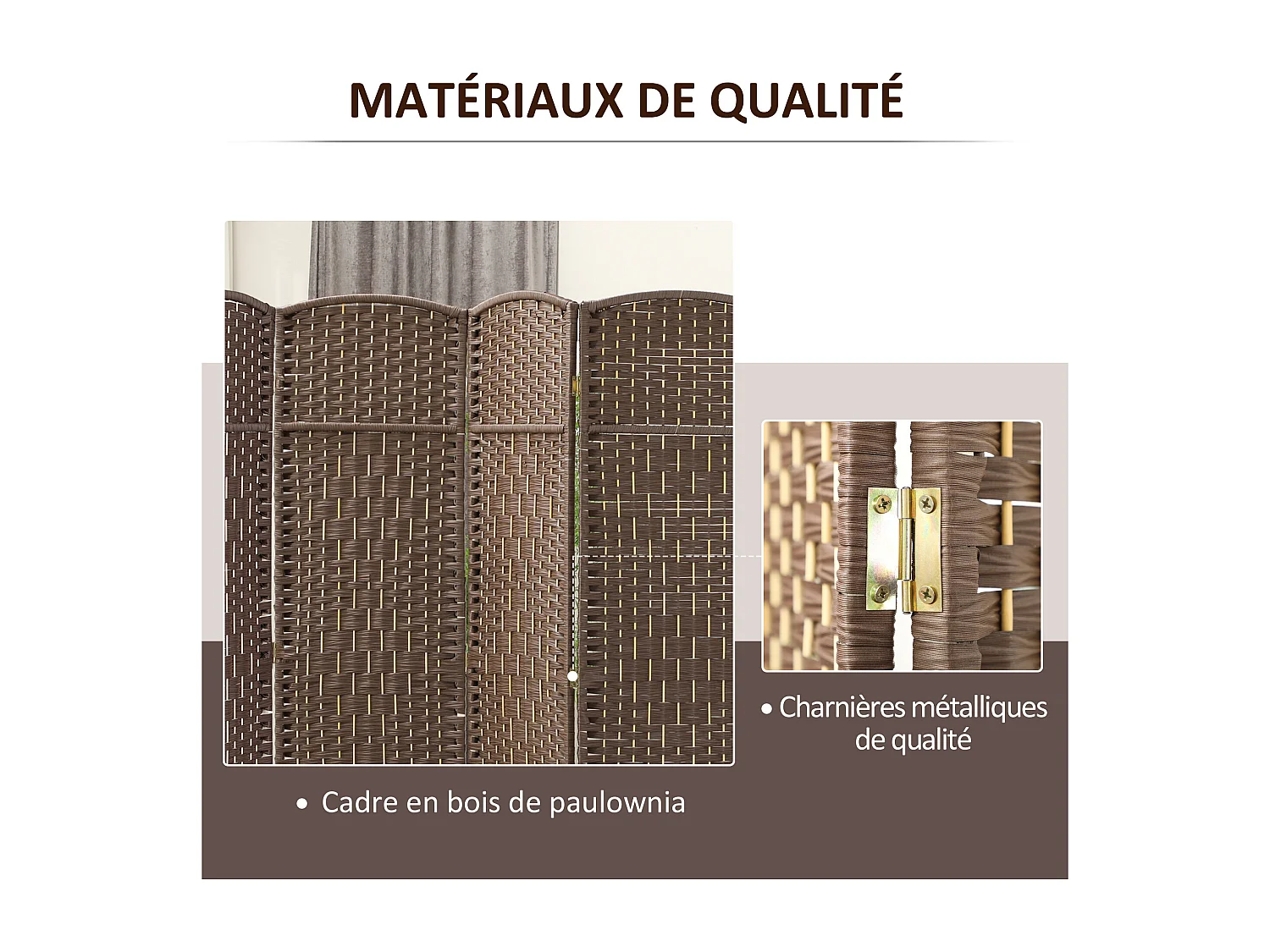 Paravent intérieur en bois 4 panneaux 180 x 180 cm séparateur de pièce pliable bois marron