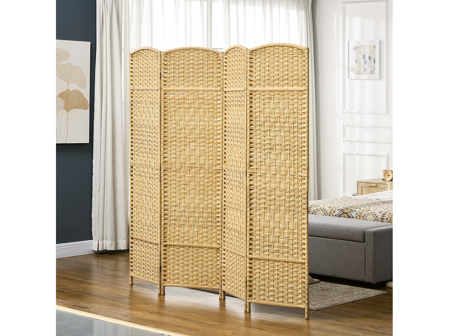 Paravent intérieur en bois 4 panneaux 180 x 180 cm séparateur de pièce pliable bois naturel