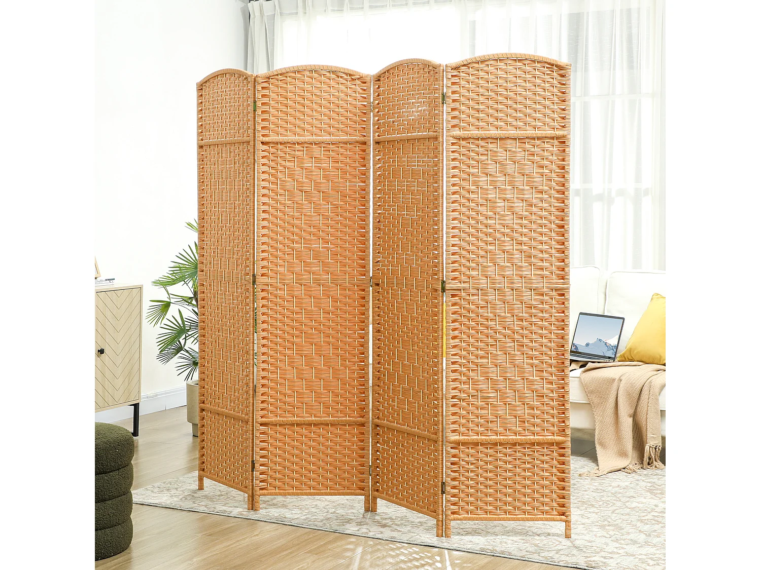 Paravent intérieur en bois 4 panneaux 180 x 180 cm séparateur de pièce pliable bois orangé