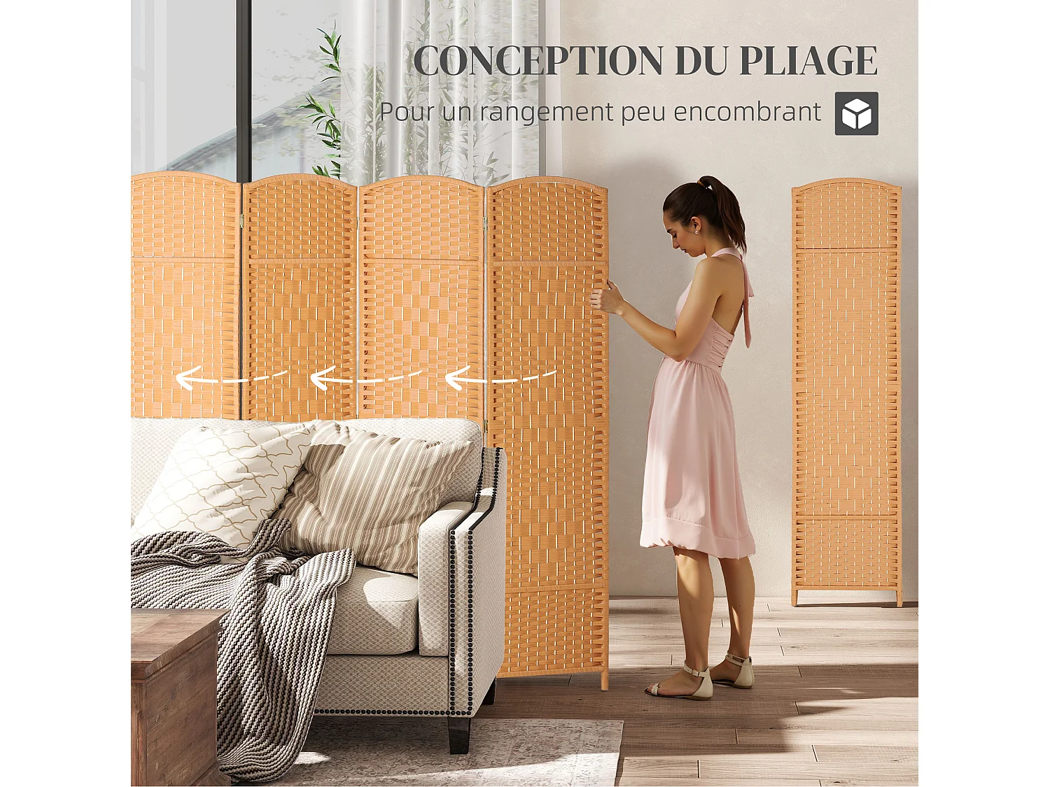 Paravent intérieur en bois 4 panneaux 180 x 180 cm séparateur de pièce pliable bois orangé