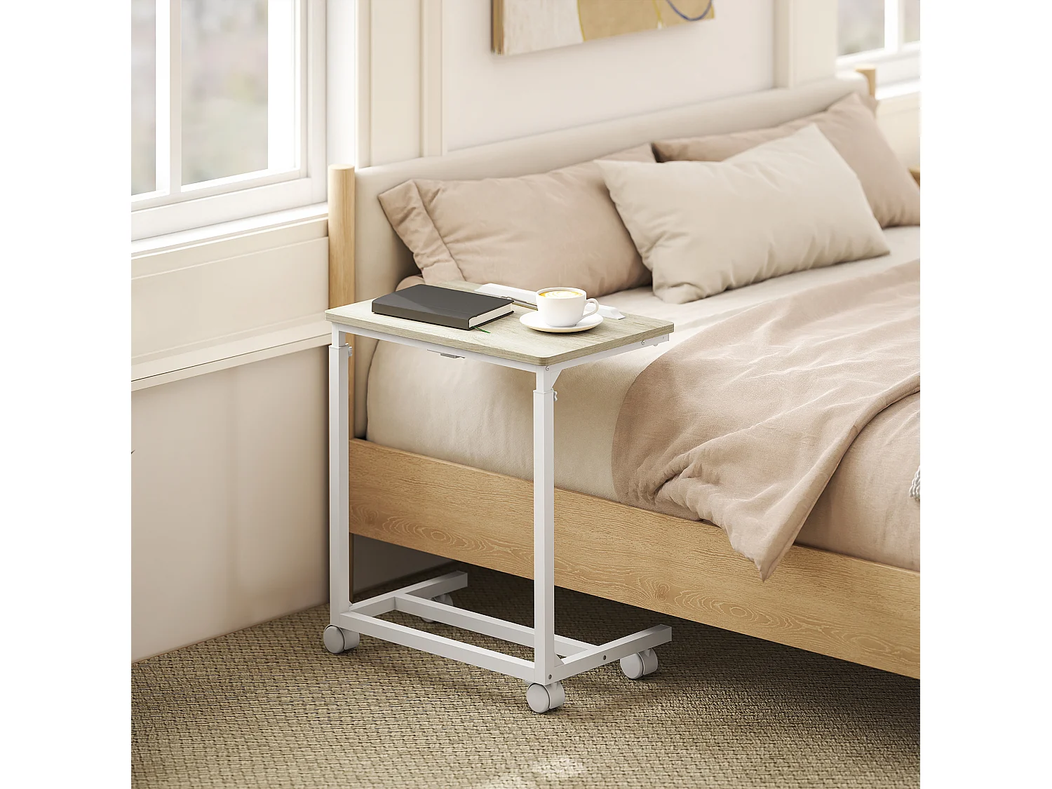Table de lit mobile - table pour ordinateur portable - hauteur réglable, plateau inclinable - métal blanc effet bois