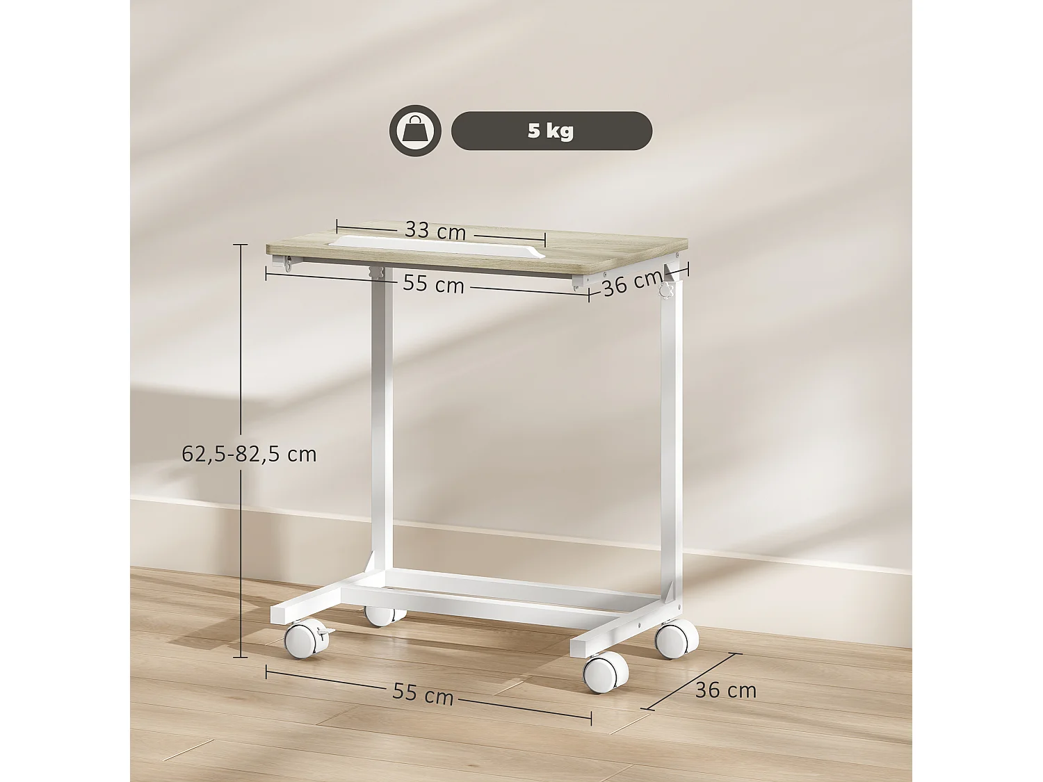 Table de lit mobile - table pour ordinateur portable - hauteur réglable, plateau inclinable - métal blanc effet bois