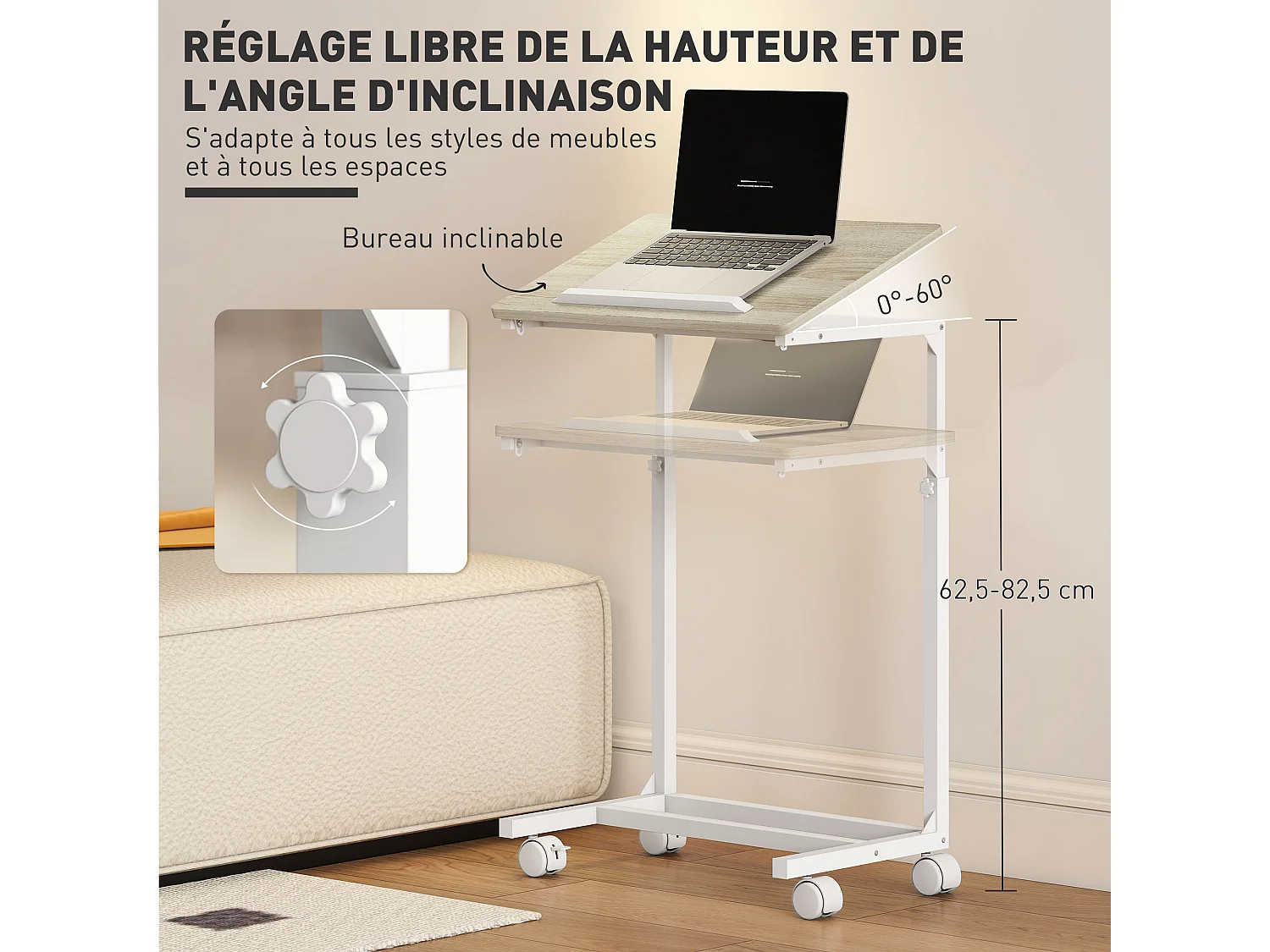Table de lit mobile - table pour ordinateur portable - hauteur réglable, plateau inclinable - métal blanc effet bois
