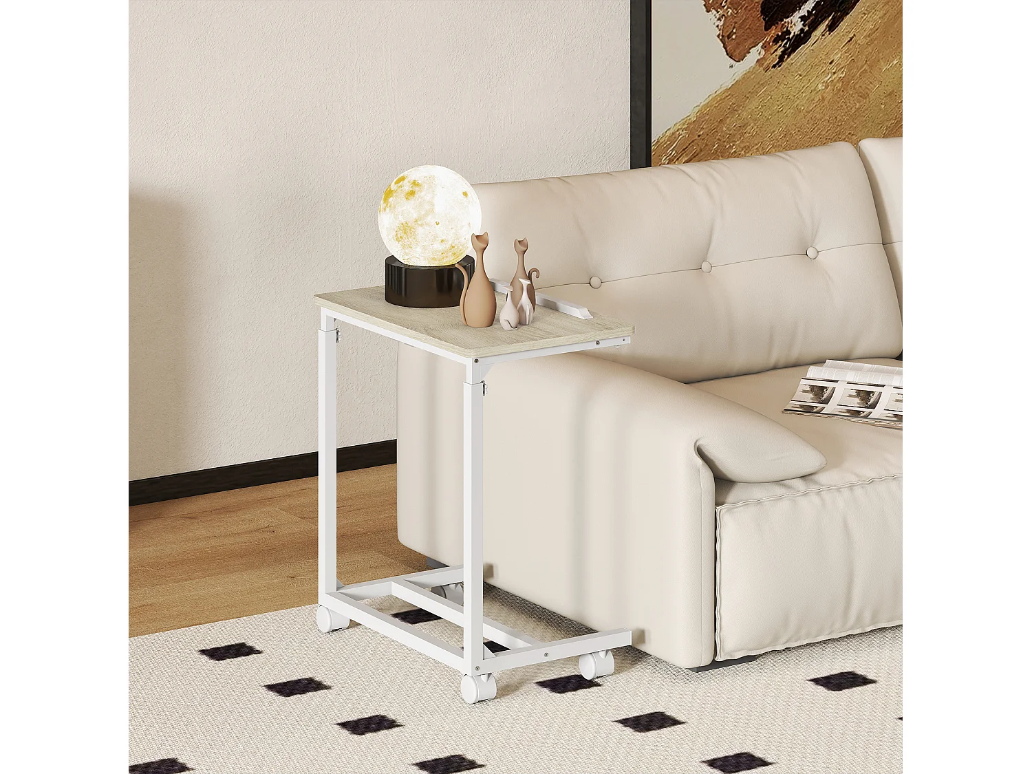 Table de lit mobile - table pour ordinateur portable - hauteur réglable, plateau inclinable - métal blanc effet bois