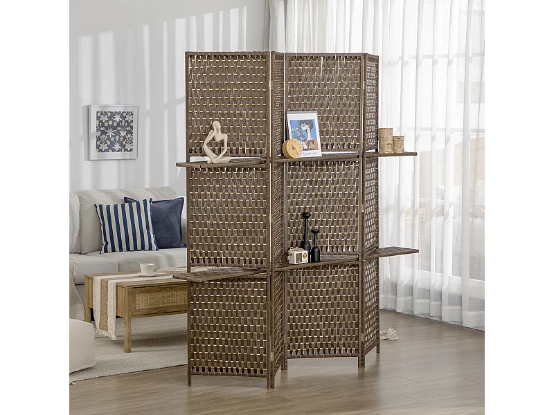 Paravent intérieur 4 panneaux 2 étagères pliables séparateur de pièce bois de pin bambou fibres de papier tressée marron paille