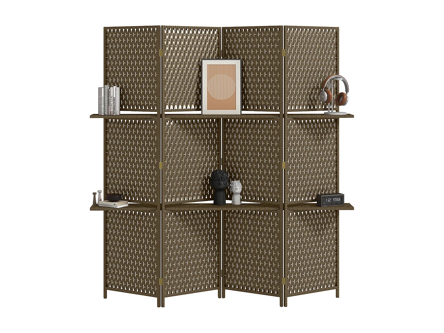 Paravent intérieur 4 panneaux 2 étagères pliables séparateur de pièce bois de pin bambou fibres de papier tressée marron paille