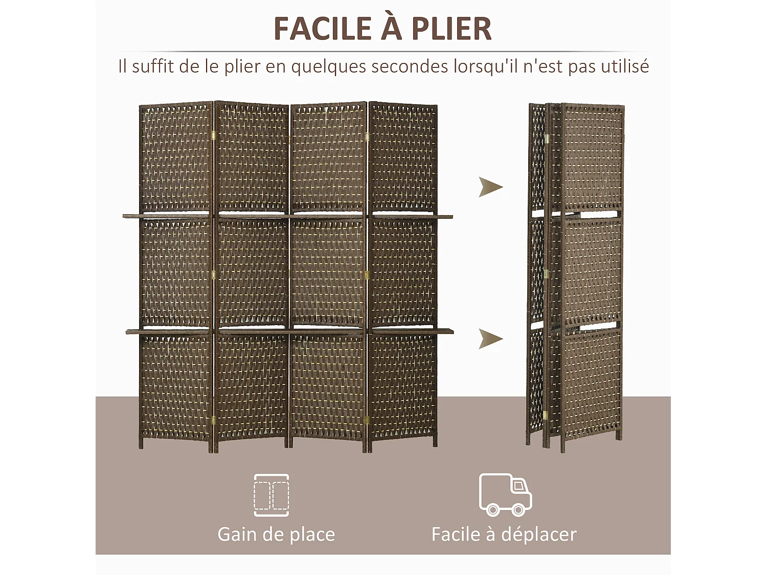 Paravent intérieur 4 panneaux 2 étagères pliables séparateur de pièce bois de pin bambou fibres de papier tressée marron paille