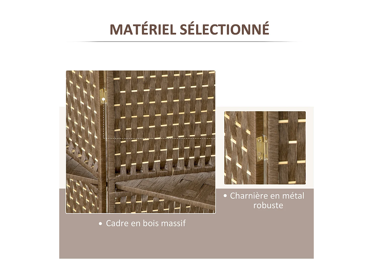 Paravent intérieur 4 panneaux 2 étagères pliables séparateur de pièce bois de pin bambou fibres de papier tressée marron paille