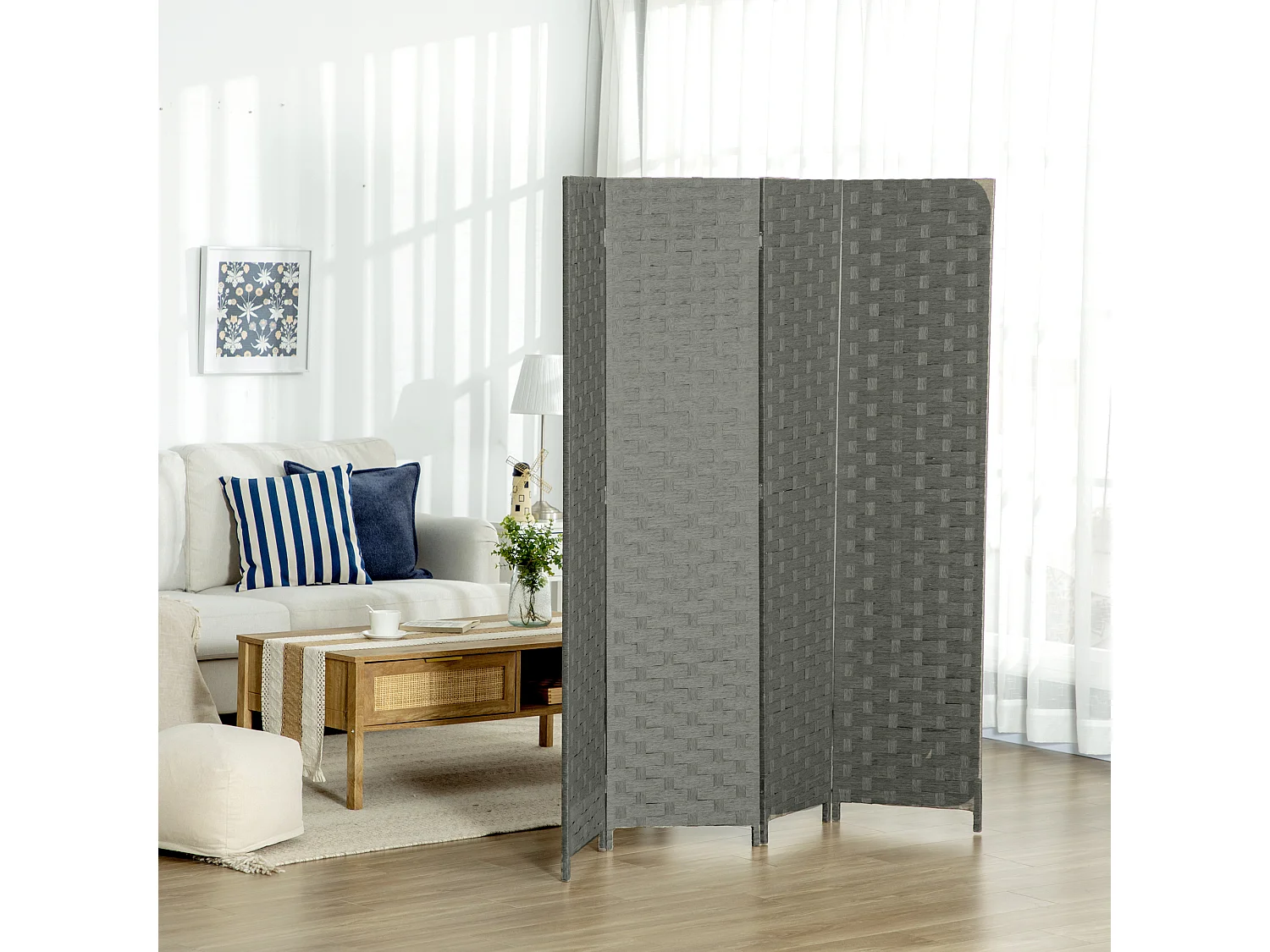 Paravent intérieur 4 panneaux pliables séparateur de pièce bois de pin fibres de papier tressé gris