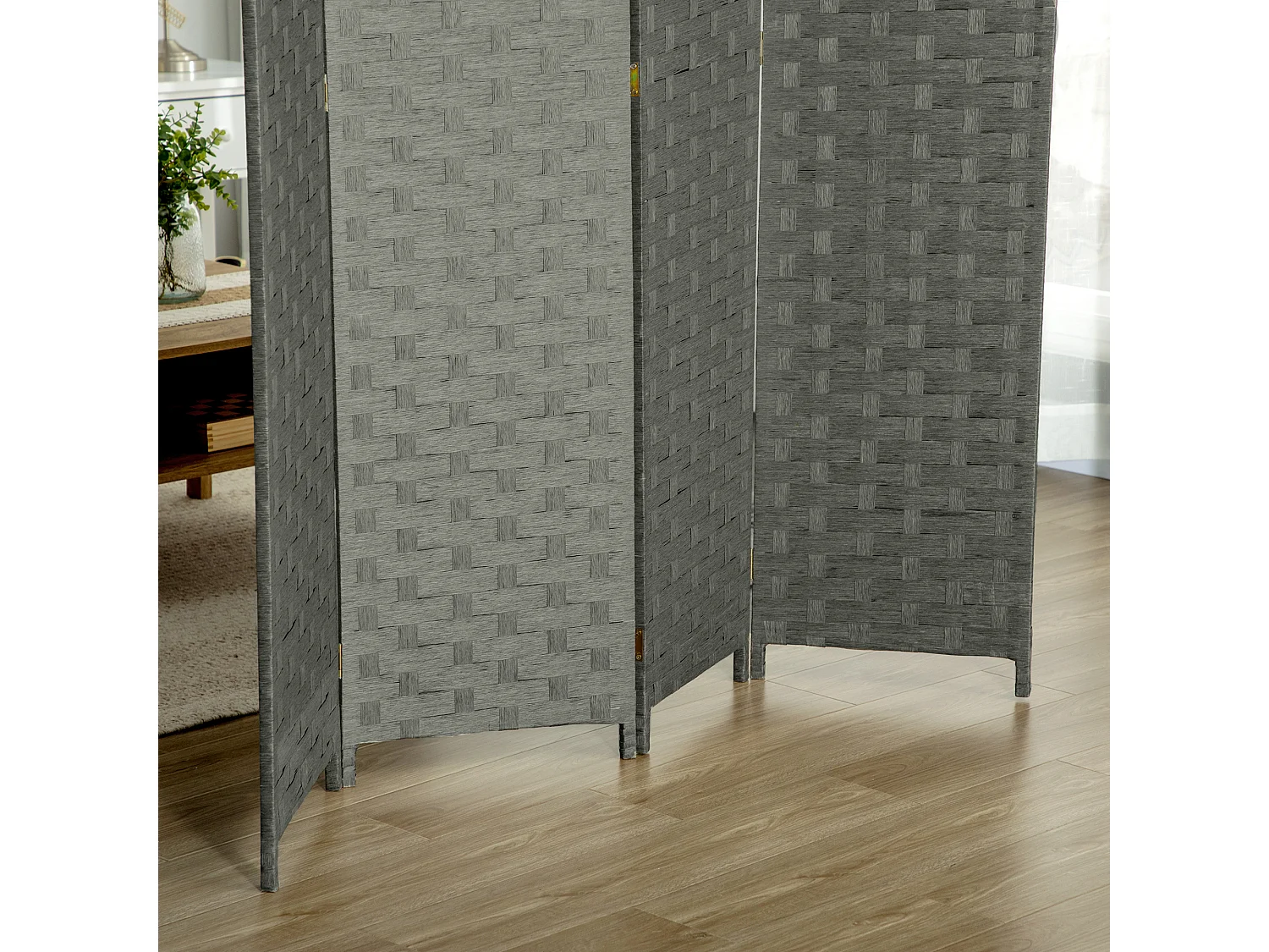 Paravent intérieur 4 panneaux pliables séparateur de pièce bois de pin fibres de papier tressé gris