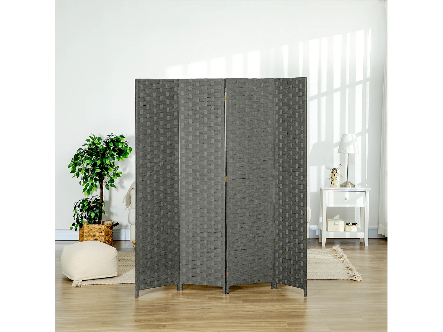 Paravent intérieur 4 panneaux pliables séparateur de pièce bois de pin fibres de papier tressé gris
