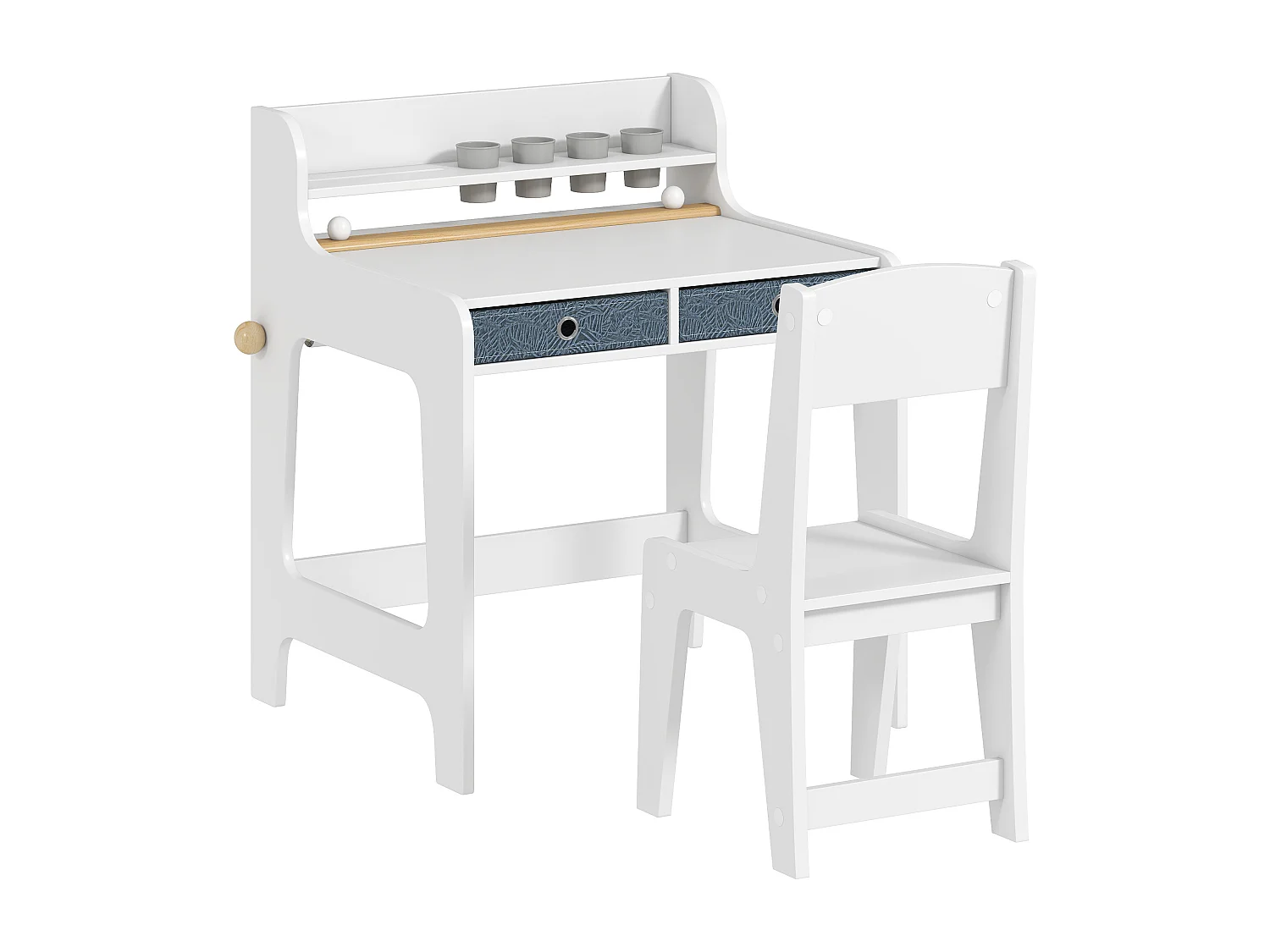 Bureau enfant avec chaise - 2 tiroirs tissu, étagère, 4 porte-gobelets, dérouleur papier - blanc