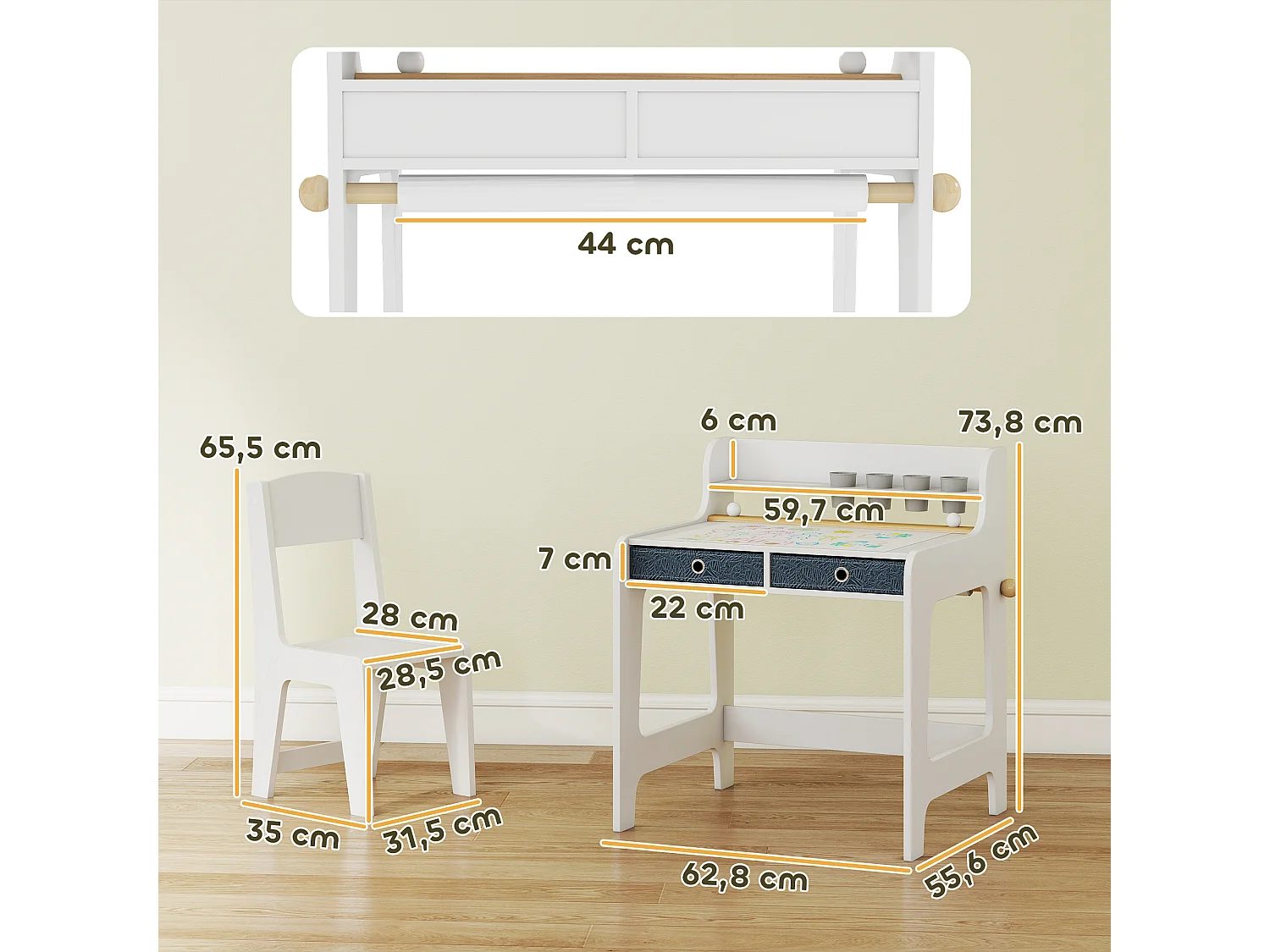Bureau enfant avec chaise - 2 tiroirs tissu, étagère, 4 porte-gobelets, dérouleur papier - blanc