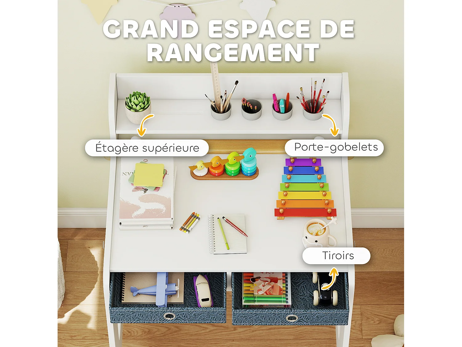 Bureau enfant avec chaise - 2 tiroirs tissu, étagère, 4 porte-gobelets, dérouleur papier - blanc