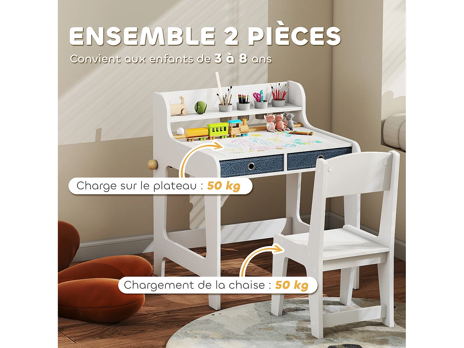Bureau enfant avec chaise - 2 tiroirs tissu, étagère, 4 porte-gobelets, dérouleur papier - blanc
