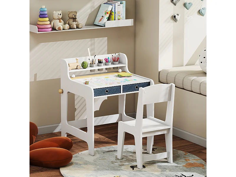 Bureau enfant avec chaise - 2 tiroirs tissu, étagère, 4 porte-gobelets, dérouleur papier - blanc