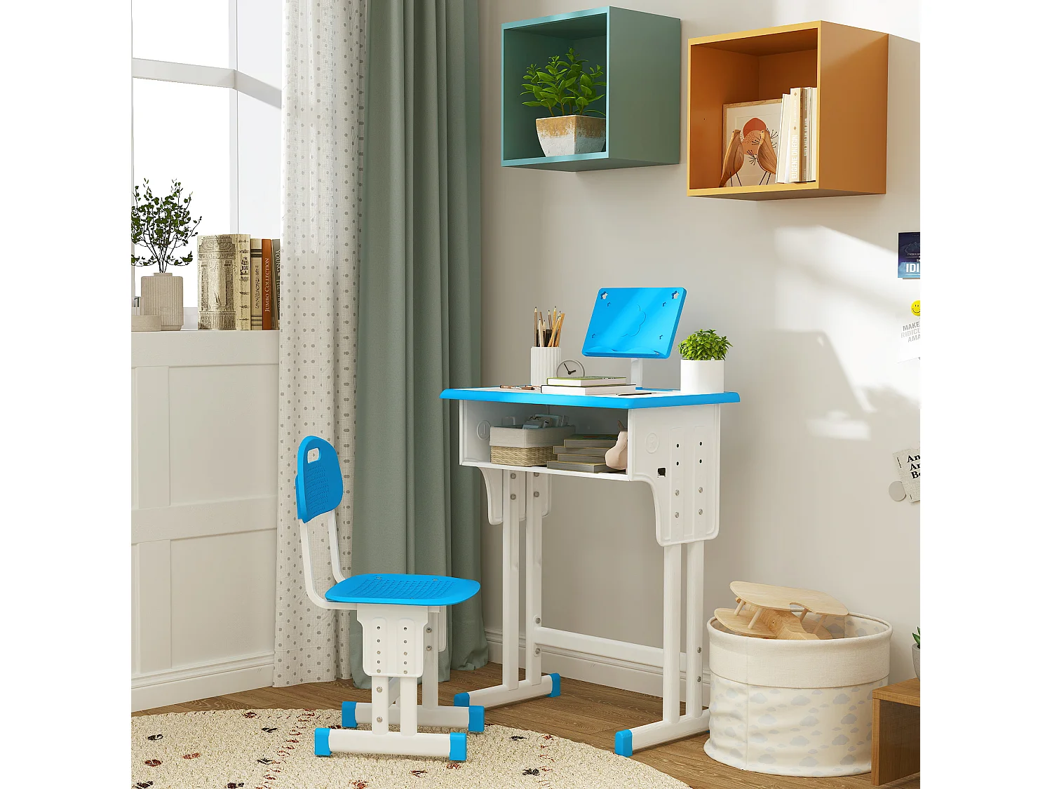 Bureau enfant avec chaise - ensemble bureau et chaise réglable - support de lecture, case - bleu blanc