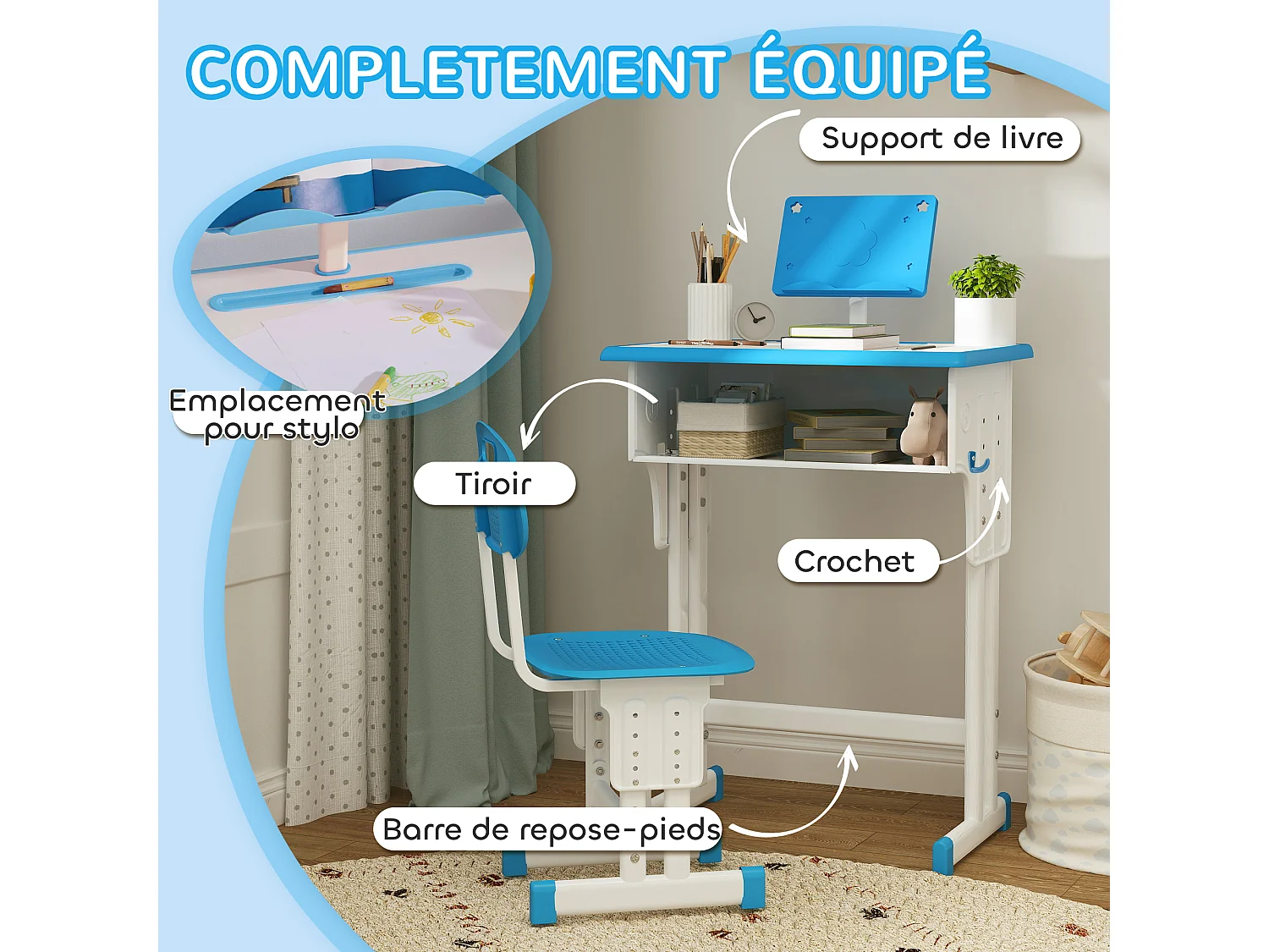 Bureau enfant avec chaise - ensemble bureau et chaise réglable - support de lecture, case - bleu blanc