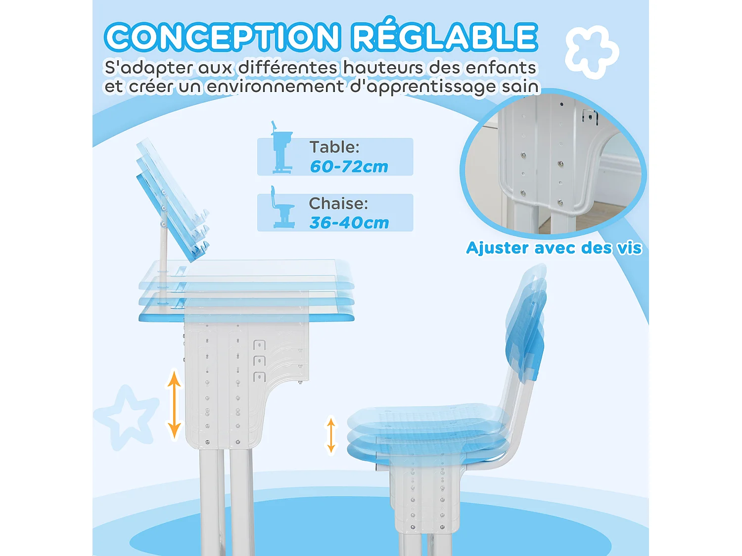 Bureau enfant avec chaise - ensemble bureau et chaise réglable - support de lecture, case - bleu blanc