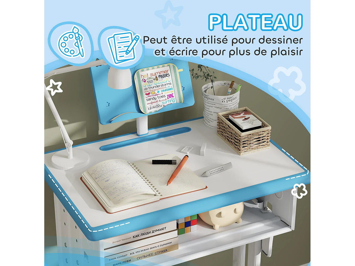 Bureau enfant avec chaise - ensemble bureau et chaise réglable - support de lecture, case - bleu blanc
