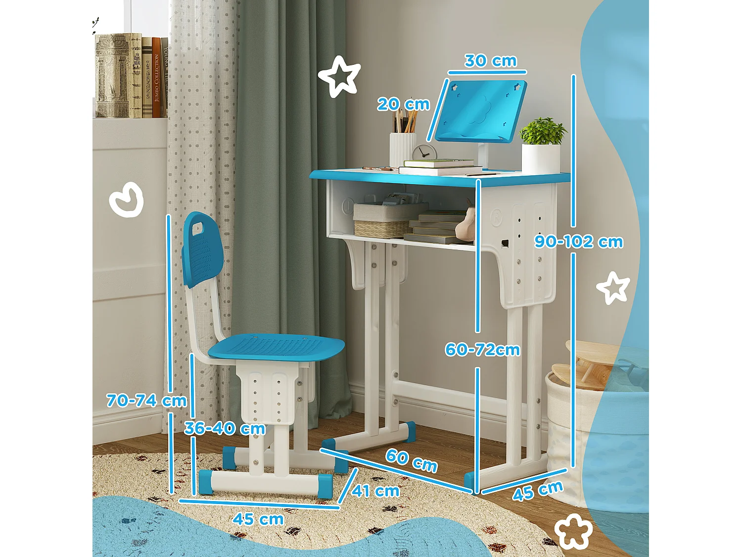 Bureau enfant avec chaise - ensemble bureau et chaise réglable - support de lecture, case - bleu blanc