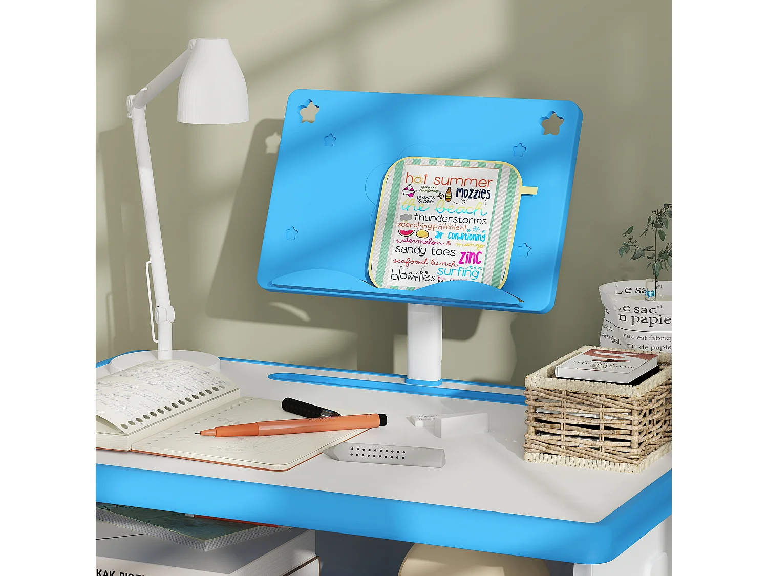 Bureau enfant avec chaise - ensemble bureau et chaise réglable - support de lecture, case - bleu blanc
