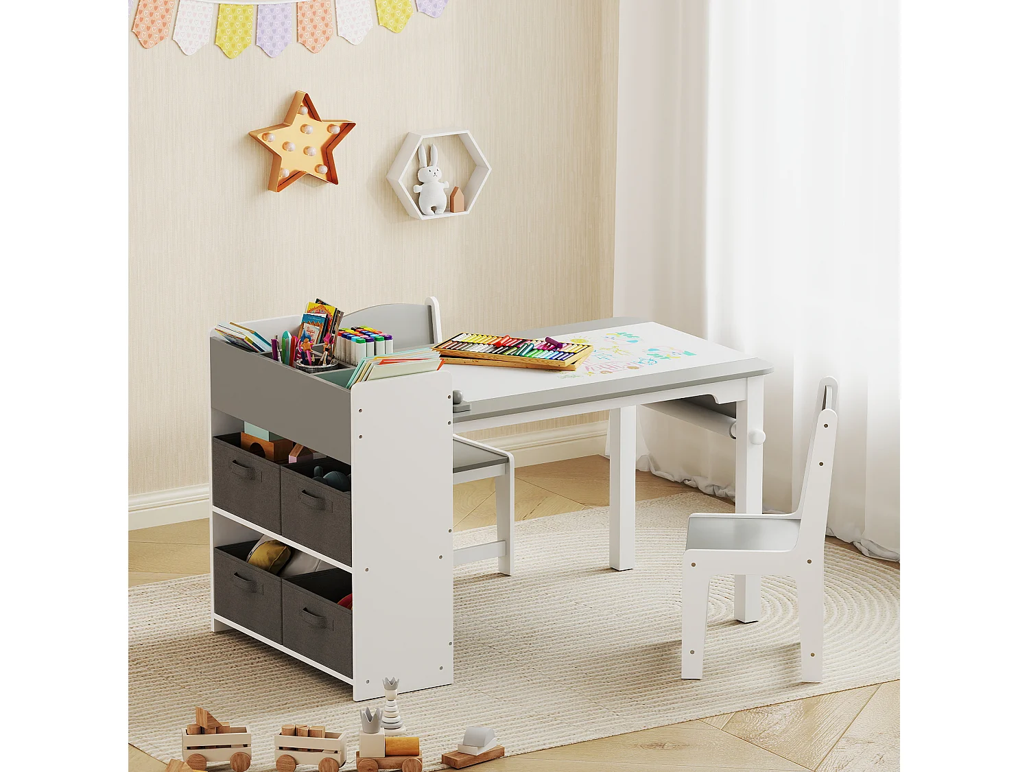 Table enfant avec 2 chaises en bois rouleau de papier étagères tiroirs blanc gris