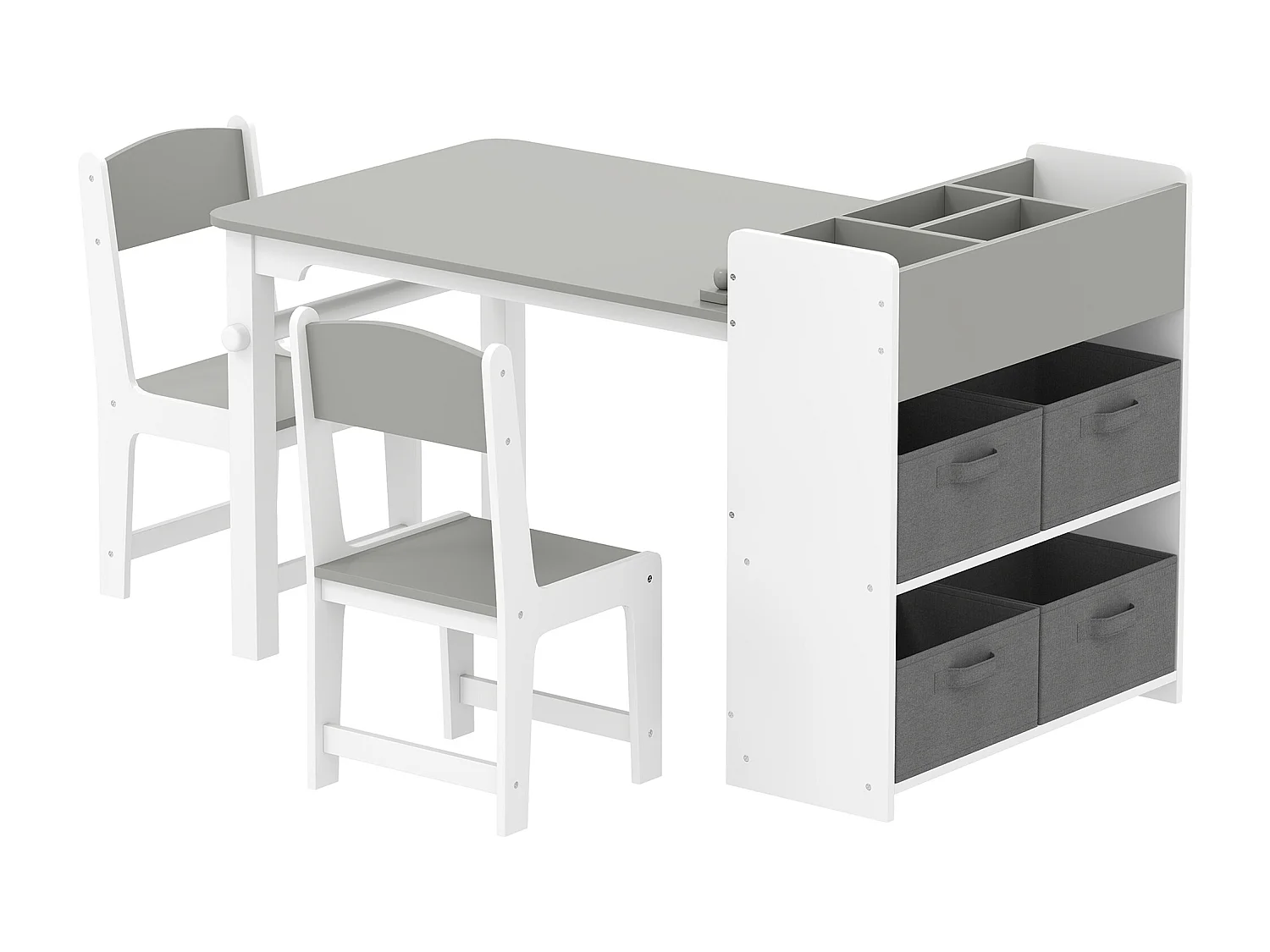 Table enfant avec 2 chaises en bois rouleau de papier étagères tiroirs blanc gris