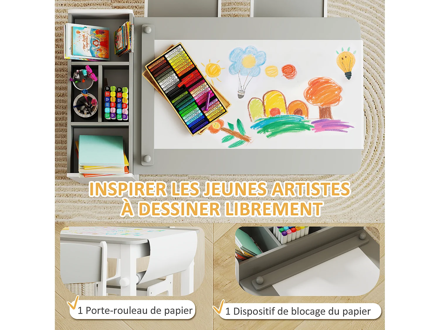 Table enfant avec 2 chaises en bois rouleau de papier étagères tiroirs blanc gris