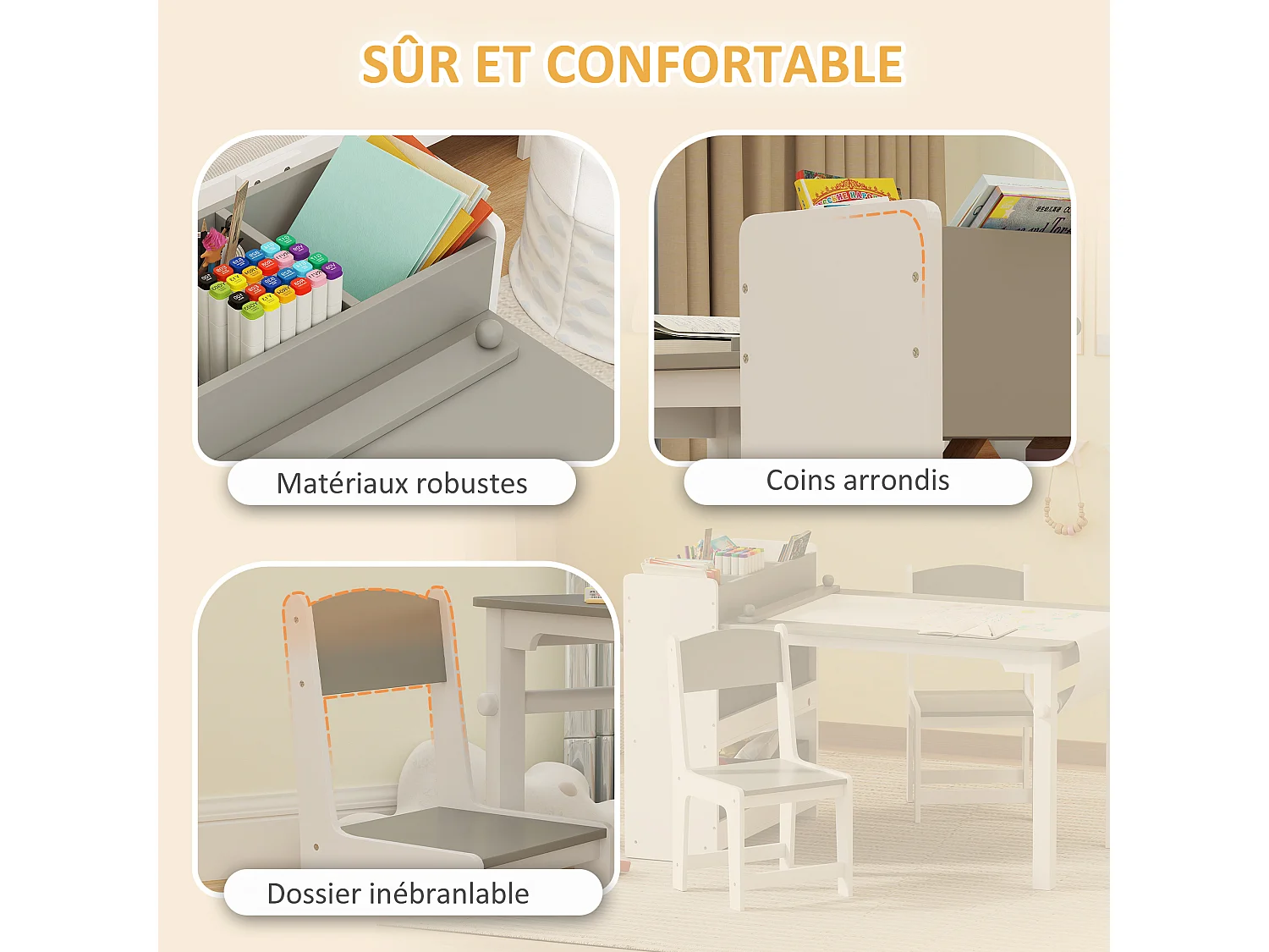 Table enfant avec 2 chaises en bois rouleau de papier étagères tiroirs blanc gris