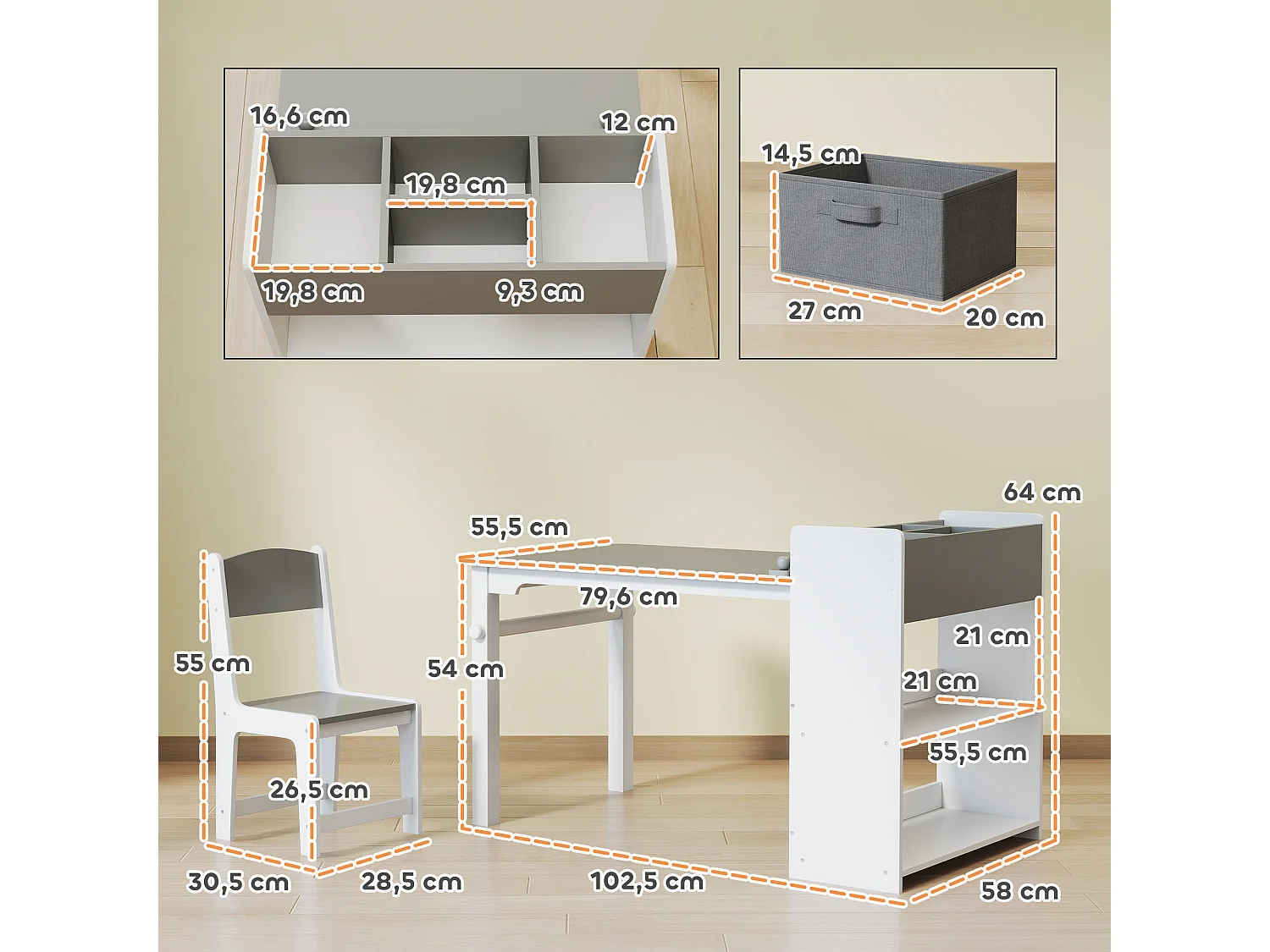 Table enfant avec 2 chaises en bois rouleau de papier étagères tiroirs blanc gris