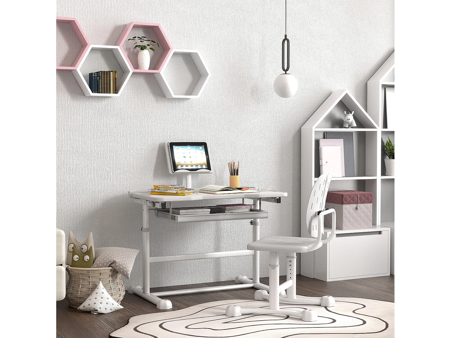 Bureau enfant inclinable avec chaise - ensemble bureau et chaise réglable - support de lecture, rangements - gris blanc